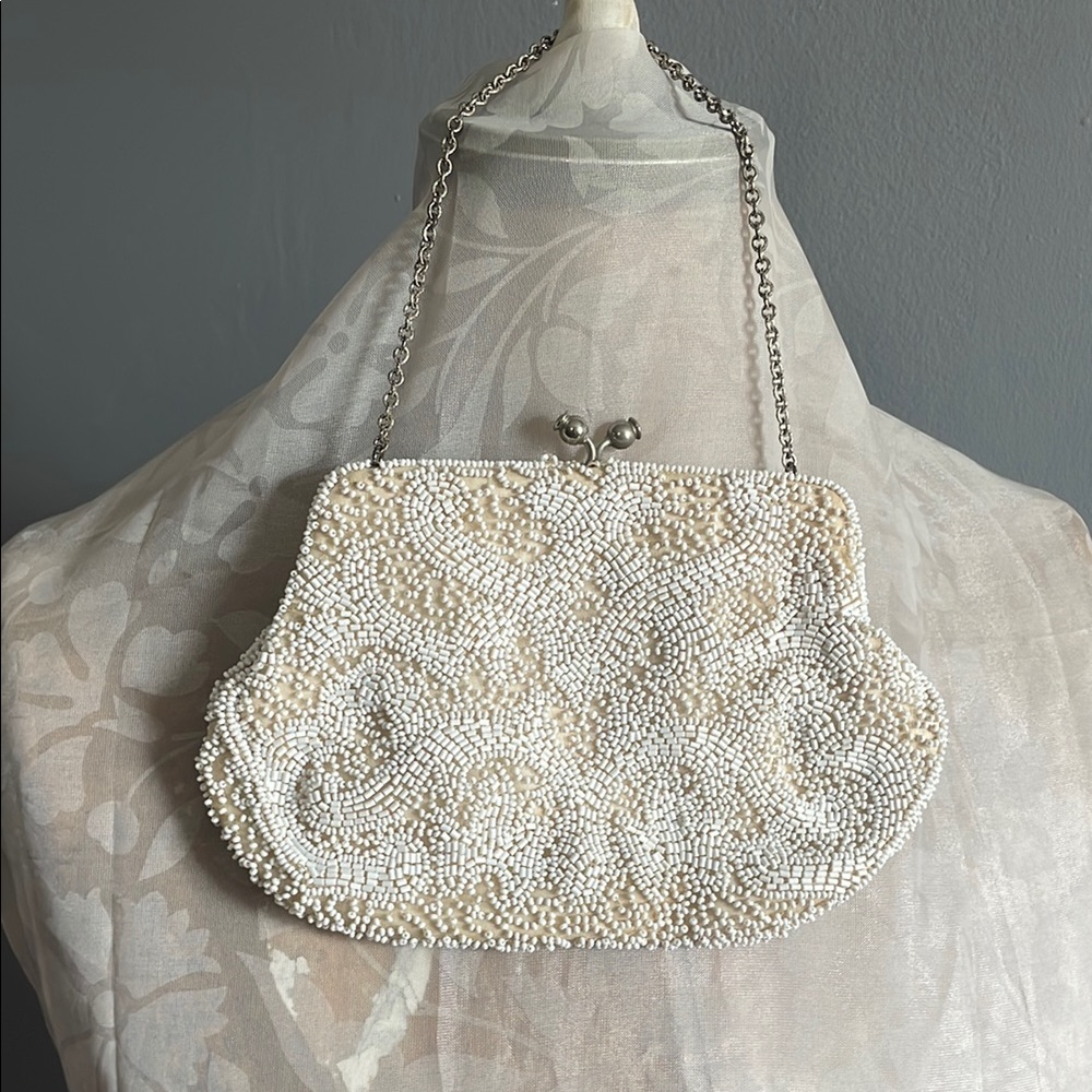Vintage 1949-1954 Walborg Beaded White Clutch with chain.